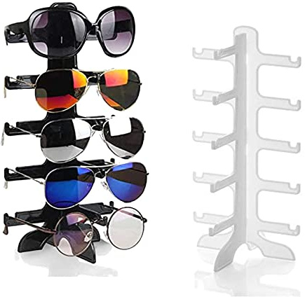 HJGKKA 2 Piezas Soporte de Exhibición de Anteojos, Estante de Almacenamiento de Gafas de 5 Capas, Plástico de Desmontable Gafas Soporte, para Guardar y Exponer Vasos (Blanco y Negro)