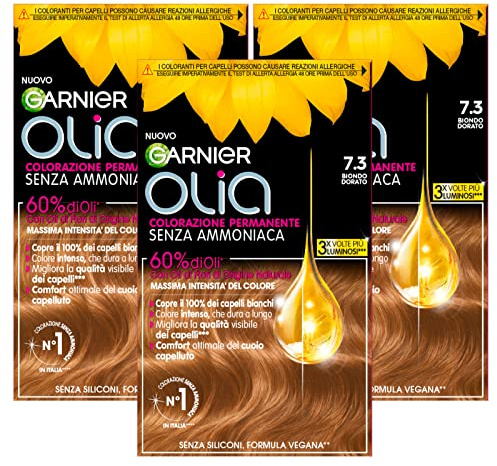 Garnier Olia Permanent Hair Dye Without Ammonia Colouring with Flower Oils of Natural Origin with Brightening and Nourishing Action, Colour 7.3 Golden Blonde – 3 Packs