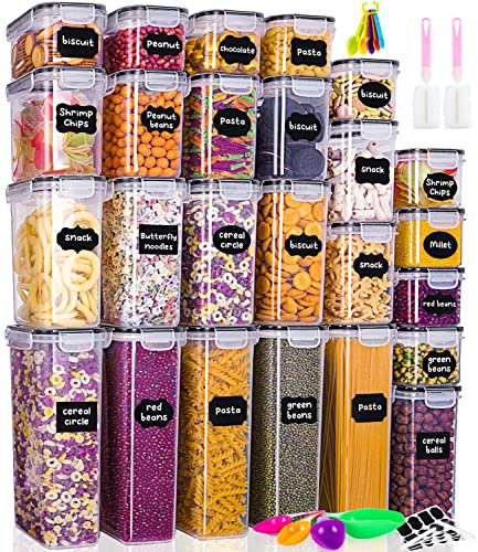 Lot de 25 Boite Rangement Cuisine,Boite Alimentaire Hermétique en Plastique,Boites Conservation avec Couvercle Hermétique,Étiquettes,Cuillère,pinceau,Conservation des Aliments pour Farine,Cereales
