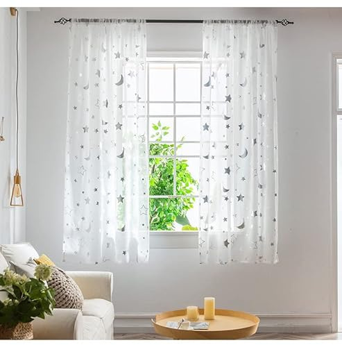 Devola Cortinas para habitación infantil, largas, con estampado, transparentes, con diseño de luna estrellada, cortinas de cocina, modernas, confeccionadas cortas, con cordón, 120 x 160 cm, plateadas,