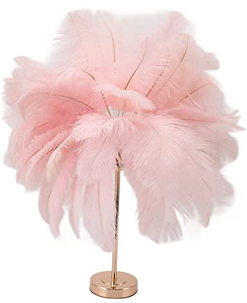 Fockety Feder-Tischlampe, Touch-Schalter, Dimmbare Moderne Straußenfeder-Lampe mit 3 Farbtemperatur und USB-Anschluss, Elegante Romantische Dekorative Nachttischlampe für Schlafzimmer (Rosa)