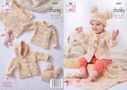 King Cole Chunky Knitting Pattern - 6087 Hooded Jacket, Side Fastening Jacket, Hat, Sweater & Blanket