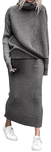 Robe en Tricot Femme 2 Pièces Ensembles Uni Manches Longues Pullover Haut et Jupe Tricoté Pull à Col Roulé Robe Tricotée SurvêTements Automne Et Hiver Midi Robe Loisir