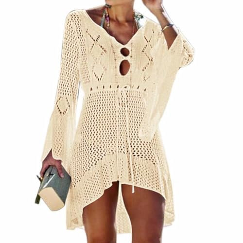 Jinsha-Bikini Cover-Up Pareos-Strandponcho Strandkleider-Gestrickte Damen-Sommer - Beach Swimwear Badeanzug Kurze Dress Sexy Mode Boho Elegant Festival Outfit Bikini & Strandkleider für Damen beige