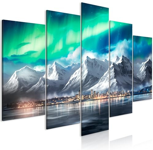 murando - Acoustic Canvas Wall Art Harbour City 225x112 cm 5 pieces - Picture With Acoustic Foam Sound Absorption Print Image Artwork Room Acoustic Soundproofing Northern Light Mountain d-H-10006-b-c