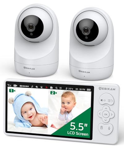 Sebikam Babyphone con 2 telecamere, 5,5 720P HD IPS Monitor Video per Bambini, Batteria da 4000mAh, PTZ 355°, Modalità VOX, Visione Notturna, Audio a 2 vie, Temperatura, Ninnananne