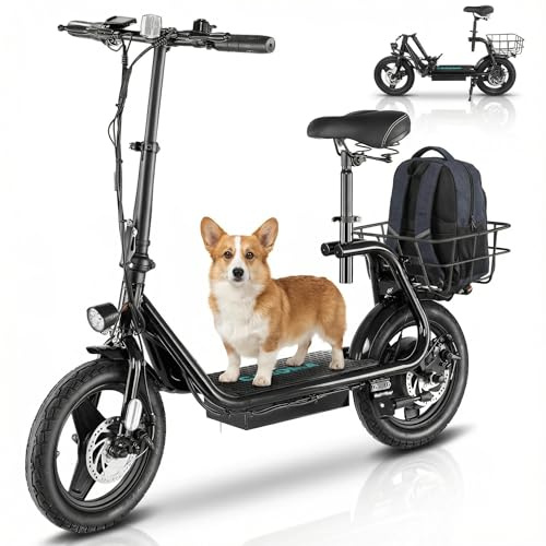 Caroma Peak 800W Electric Scooter with Seat, 20Mph Top Speed & 25Miles Max Range, 14 Foldable E Scooter for Commuting with Basket (Black)
