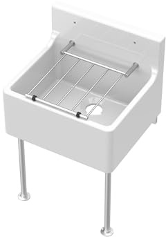 Balterley Utility Sink with Grill and Legs, Fireclay Ceramic Cleaner Sinks, Traditional Wall Mounted Small Splashback Utility Outdoor Sink Unit for Garage and Laundry - 455 x 396 x 362mm (White)