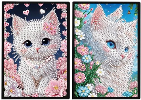DCIDBEI Peinture Diamant Carnet de Notes A5 Blanc Lot de 2 Broderie Diamant Carnet Chat Fleurs Craft Set Diamond Painting Carnet de Notes Journal Carnet de Croquis A5 Peinture par Numéros Carnets