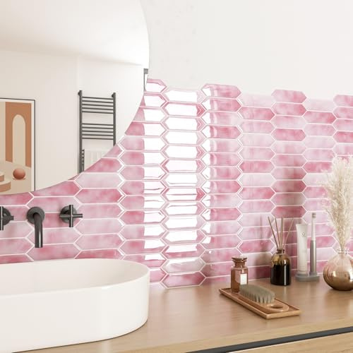 ReWallpaper Stick on Tiles Kitchen Pink 3D Wall Tile Stickers Self Adhesive Bathroom Waterproof Peel and Stick Backsplash Tiles Pink 3 Sheets Pack Tile Stickers for Fireplace Surround 30.5x30.5CM