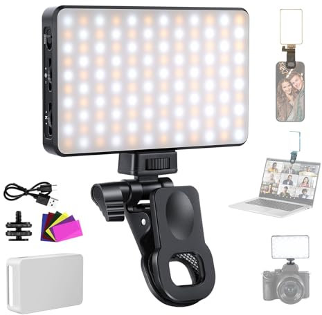 NEEWER Básico LED Selfie Luz Teléfono, Luz Relleno con Clip Recargable 2500-9000K, Películas en Color/Difusor/3000mAh, Luz Videoconferencia Regulable CRI95+ para iPhone Cámara Laptop Zoom Call,BL120B