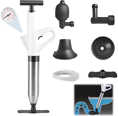 Toilet Unblocker Heavy Duty Plunger, High Pressure Plunger Kit with 4 Replaceable Heads and Inflatable Footbed, Plunger Sink Unblocker for Unblocking Toilets,Bathtub,Sink,Floor Drain (White)