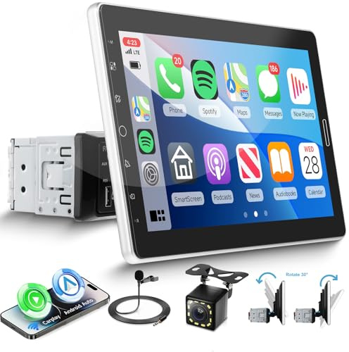 VECHTEL Radio Coche Bluetooth con Carplay Android Auto Inalámbrico, Autoradio 1 DIN con Pantalla Táctil HD IPS de 10.1 Pulgadas Giratorio Manual Soporte Bluetooth Mirror Link Radio FM/Am 2USB Cámara