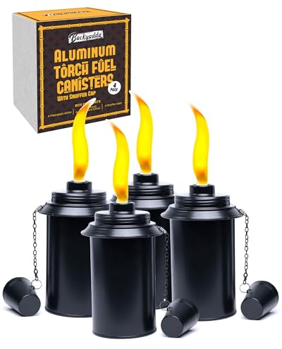 Backyadda Aluminum (Never Rust) Tiki Torch Canister Replacement, 12 oz, Easy Fill Opening. Black Matte. 4-Pack Premium Rust-Proof Aluminum (With Caps)