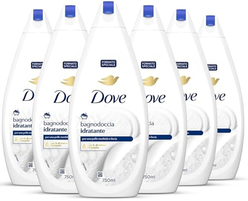 Dove Docciaschiuma Idratante, Formula con Idratante Dermo-Naturale, con 1/4 di Crema Idratante, Dermatologicamente Testato, Bagnoschiuma Uomo e Donna, 100% Bottiglia Riciclata* 6 Pezzi x 750 ml