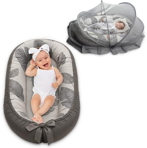 Elysium Products Baby Lounger for Newborn 0-24 Months, with Mosquito Net, Breathable & Soft Baby Nest, Portable & Lightweight (Grey)
