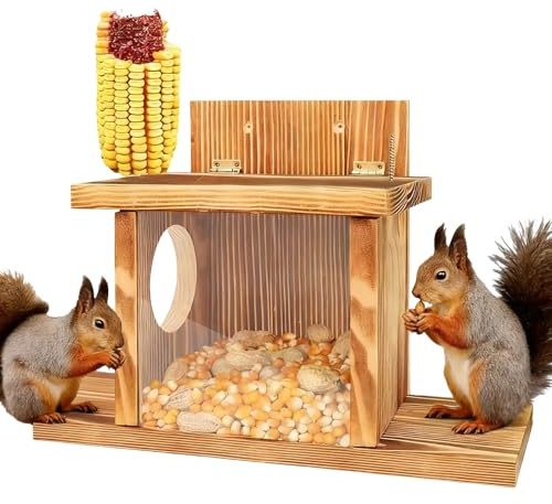 VEGOATY Mangeoire pour écureuils Résistante aux intempéries : 35,2 × 12,8 × 24 cm Mangeoire pour écureuils en bois stable, design Flip-Top pour station d'alimentation pour écureuils, station