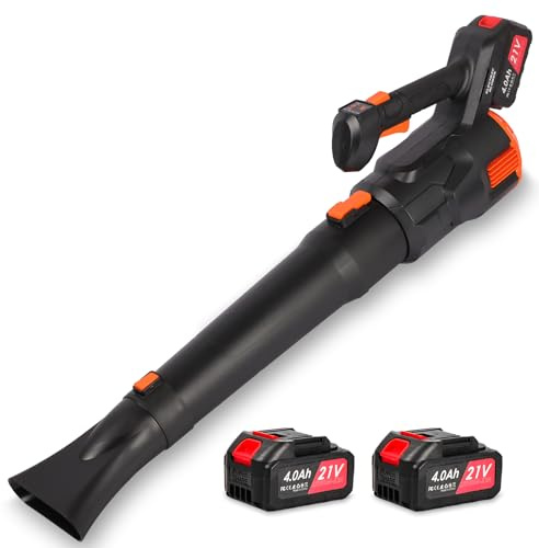 Soffiatore a Batteria 21V,Soffiatore per Foglie con 2 Batterie 4000mAh, 3 Velocità Regolabili,119MPH,494CFM, con Tubo Dritto e Curvo per Giardino, Patio e Casa