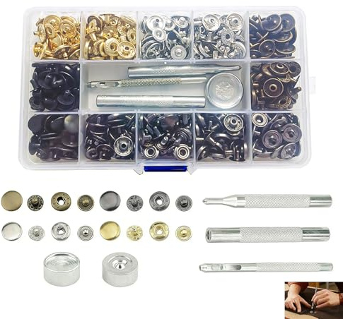 120 Set Botones de Presión de Cobre, Corchetes de Presión Metálicos 12.5mm, Kit Completo con Herramientas de Fijación, Botones Automáticos para Ropa, Bolsos, Chaquetas, Cinturones, Proyectos de Cuero