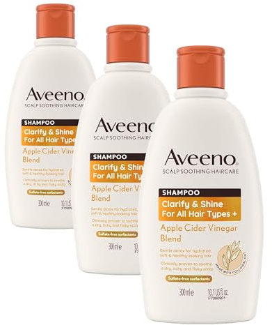 Aveeno Scalp Soothing Haircare Clarify & Shine Shampoo, Apple Cider Vinegar Blend, for All Hair Types, Soothes Dry, Itchy & Flaky Scalp, Clinically Proven, Sulfate Free, 300ml (Pack of 3)