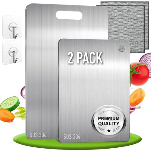 SET de 2 Tabla de Cortar con Aleación de Titanio para Cocina de Acero Inoxidable SUS304 + Ganchos y Paños - Tabla de Cortar de Titanio Resistente + Reversible y Antibacteriana | 3-Stars