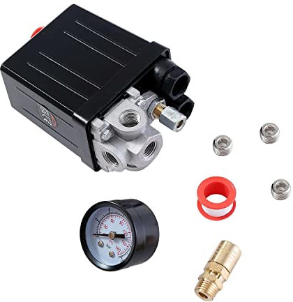 ORAZIO Presostato del Compresor de Aire G1/4 4 Puertos Monofásico + Manómetro + Válvula de Seguridad + Tornillos, Accesorio de Herramienta Neumática 214122
