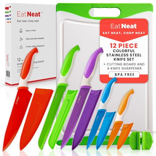 EatNeat 12-Piece Knife Set – Chef, Bread, Carving, Utility & Paring Knives with Sheaths, Sharpener & Cutting Board – Non-Stick Stainless Steel, Ergonomic, Dishwasher Safe – Ideal for Home, RV & Gift