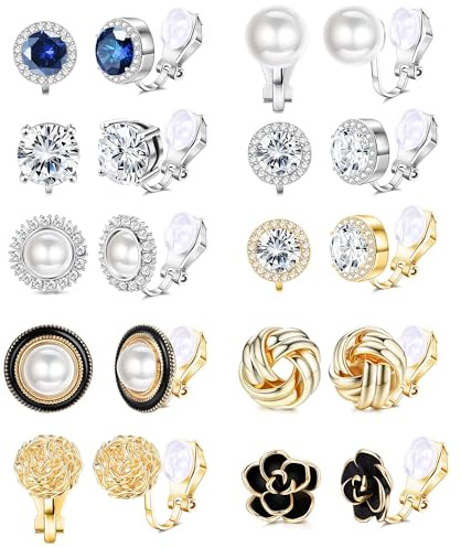 FIBO STEEL 10 Pairs Clip Earrings for Women Clip On Earrings for Non Pierced CZ Flower Simulated Freshwater Pearl Twist Knot Clip Earrings Sets 14K Gold Plated Silver (Mix-color)