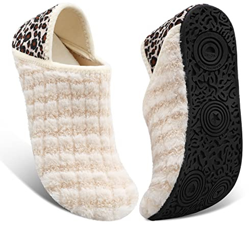 Fires Womens Mens Slippers with Rubber Sole Soft-Lightweight House Slipper Socks Around House Shoes Non Slip Indoor/Outdoor, A Beigestripe, 5.5-6.5 Women/4-5 Men
