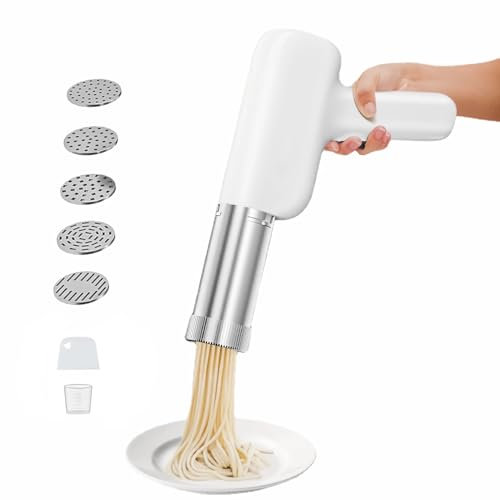 QHENS Máquina Eléctrica Portátil para Hacer Pasta Fresca, 2000mAh Recargable Pequeña Máquina para Hacer Pasta con 5 Modos, Electric Pasta Maker para Hacer Fideos Fresca, Blanco