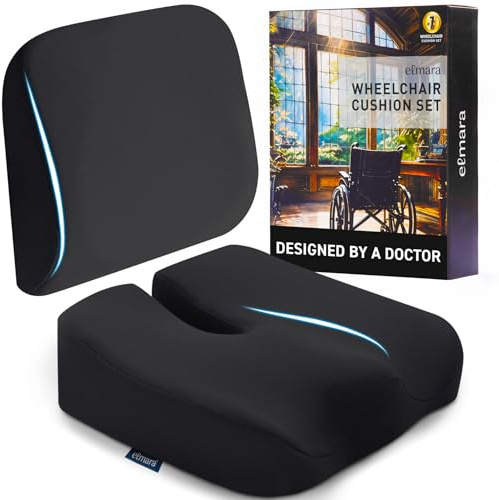 Elmara Doctor-Designed Wheelchair Seat Cushion Set – The Ultimate Comfort Solution – Thick Wheelchair Cushions Relieve Back & Sciatica Pain – Wheel Chair Cushions for Seniors, Wheelchair Pad (Black)