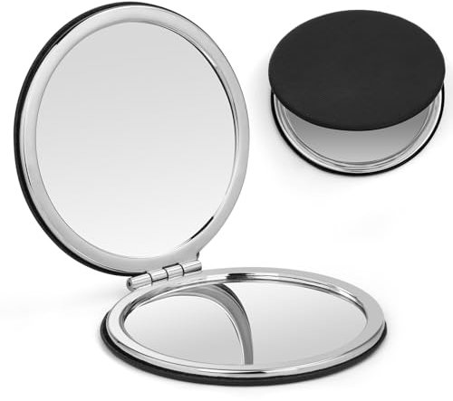 OSDUE Tragbar Kosmetikspiegel, Mini PU-Leder Taschenspiegel mit 1×/2× Vergrößerung, Zweiseitiger Schminkspiegel, Handspiegel Doppelseitig, Reise Kosmetikspiegel, Geschenke für Mädchen, 8CM, Runden