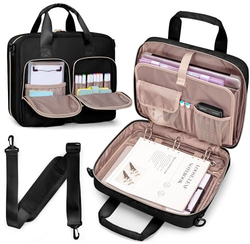 Prokva Schreibmappe mit Ringbuch, Große Fächern für 13 Laptop, Reise Aktenmappe Konferenzmappe mit Riemen, A4 Binder mit 500 Blatt Fassungscermögen, Schwarz (Leer Tasche)