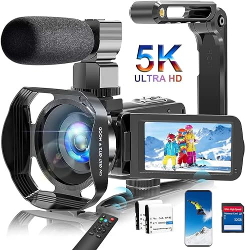 Videokamera 5K 64MP WiFi Camcorder für YouTube, 30FPS Webcam IR Nachtsicht Vlogging Kamera, 18X Digitalzoom 3,0 Touchscreen Video Camera mit SD-Karte, 2 Batterien, Fernbedienung, und Handstabilisator