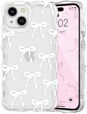 QLTYPRI Etui pour iPhone 14, Coque Transparente pour Filles et Femmes avec Nœud Ruban et Vague Bouclée, Housse Nœud Papillon Esthétique Protectrice en Silicone Souple TPU Antichocs - Blanc