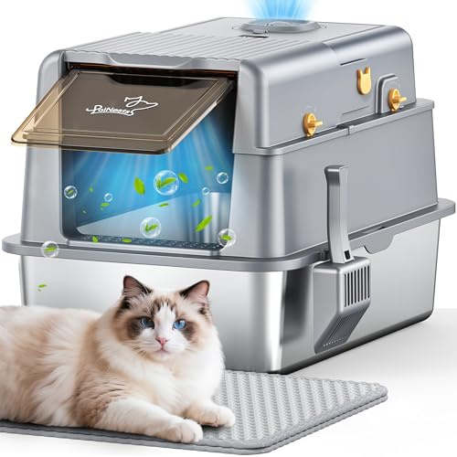 PalNests Lettiera Acciaio Inox per Gatti, Lettiera per Gatto XXL con Coperchio Ribaltabile a 105°, Lettiere in Metallo con Sistema di Aria Deodorizzazione, Lettiere Chiusa con Paletta e Tappetino