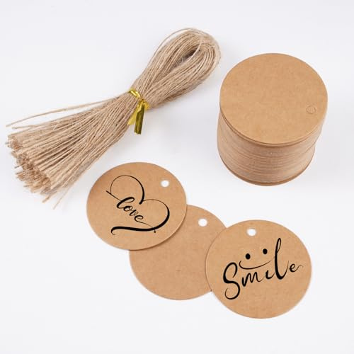 100 Pezzi Etichette Bomboniere Carta Kraft 5 cm con 100 Pezzi Spago in Juta, Cartoncini per Bomboniere per Confezioni Regalo, Regali di Natale, Decorazioni per Regali, Artigianato, Cartellini Prezzi