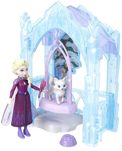 Mattel Disney Die Eiskönigin kleine ELSA-Puppe und winterliches Tierspielset mit Fuchs- und Vogelfigur, Rutsche und Zubehörteile, Storytime Stackers Eisiger Tierunterschlupf, JFG29