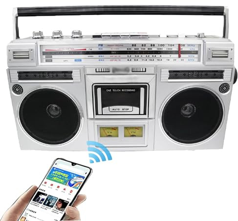 Reproductor CD Retro CláSico Los 80, Radiocasete PortáTil con Radio AM/FM Y Bluetooth, Compatible con Entrada SD/USB, Grabadora Casete para Reuniones Familiares, Viajes, Baile Callejero,Silver