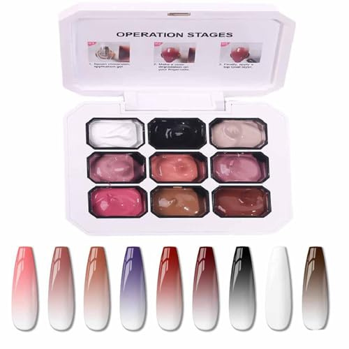 Gradient Painting Gel, 9 Colors Ombre Nails Gradient Gel, Almond Nude Black White Sponging for Pigment Pat Kit Aura Nails, French Manicure DIY Nail Art, Long Lasting No Wipe UV Palette