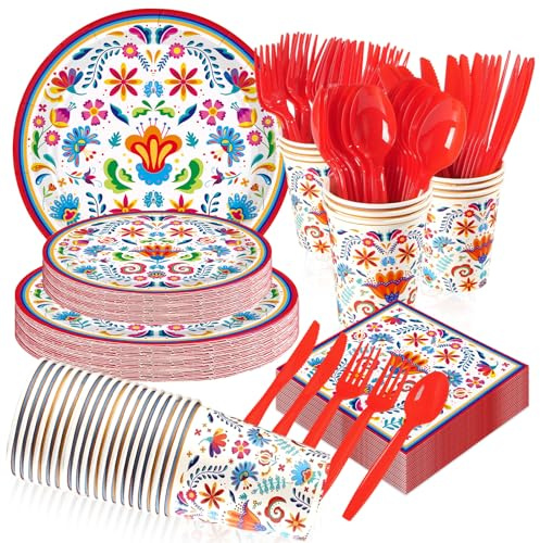 Greencian 168Pcs Mexican Fiesta Party Supplies Mexican Floral Plates and Napkins Colorful Mandala Floral Disposable Tableware Set for Cinco De Mayo Taco Tuesday Birthday Party Decorations Serves 24
