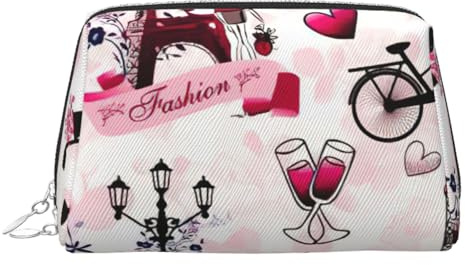 Borsa per cosmetici in pelle con stampa di Parigi Torre Eiffel Francia con paesaggio urbano, borsa per il trucco in pelle con chiusura superiore con cerniera elegante borsa da toilette, Argento