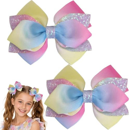 Rainbow Gradient Hair Bows With Glitter Sequin Details For Hairstyles - 2-Pack Set Of Sparkly Satin Alligator Hair Clips For Girls, Pastel Colours For Parties, Birthdays And Daily