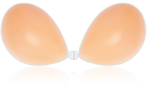 CatoFree Push Up Stick On Bra, Reusable Sticky Adhesive Silicone Bra with 2Pcs Nipple Covers for Evening Dress, Wedding Dress and Backless Strapless Clothing (UK, Cup & Band, C, Beige)
