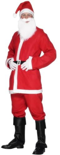 Smiffys Disfraz de Papá Noel, Rojo, con chaqueta, pantalón, barba, gorro y cinturón Halloween