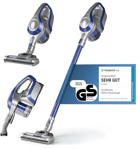 CLEANmaxx Akku-Zyklon-Staubsauger beutellos mit Akku | 2-in-1 Handstaubsauger, elektrisch rotierende Power-Rotation Düse | Energiesparen, 150 Watt [Blau/Grau]