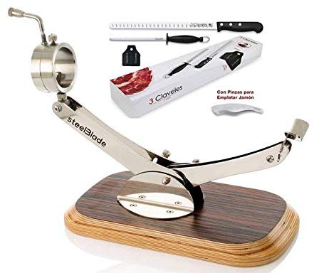 Hidalgo Supporto per prosciutto in acciaio inox con base in legno ebano + set coltello per prosciutto, pinza e narghilè, 3 chiavi + regalo copri prosciutto