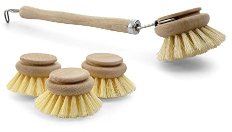 Novaliv 4 TLG Set 1x Spülbürste I 3X Ersatzköpfe I Naturfibre I Holz I groß I Abwaschbürsten Küchenbürsten Geschirr Bürsten Scheuerbürsten Putzbürsten Bürsten Küche