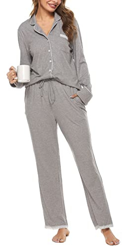 Vlazom Pigiami Due Pezzi Donna, Morbidi Set Pigiama da Donna Scollo a V Maniche Lunghe con Bottoni Set Pigiama da Notte,XL,A-Grigio