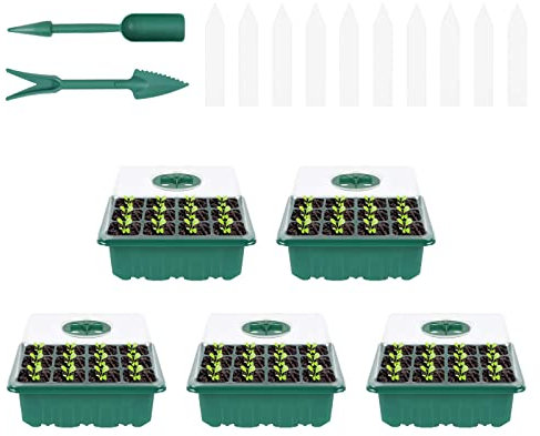flintronic 5 Stück 60 Zellen Zimmergewächshaus Anzuchtkasten, Mini Gewächshaus Anzucht Set,Treibhaus Anzuchtkasten mit Deckel und Belüftung,10 Pflanzenmarker,Anzuchtschale für Gärten und Gemüsegärten